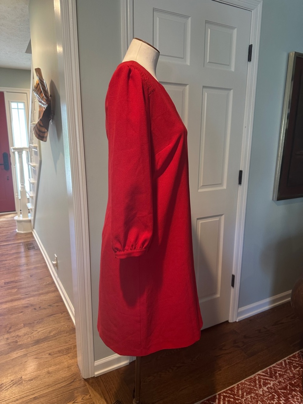 NWT Karl Lagerfeld Sz 10 Red Shift Dress Notch Neckline Long Sleeves - Picture 7 of 8